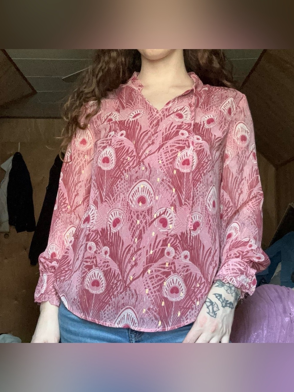 Talbots Petite Bohemian Red Pink Shimmery Peacock Print Collared Tasseled Blouse